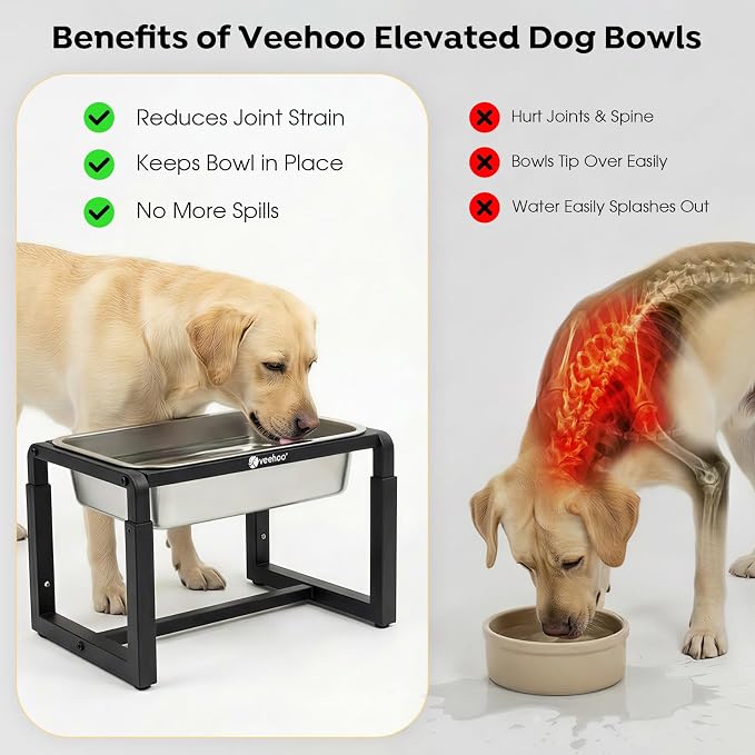 Veehoo 2.4 Gallon Elevated Outdoor Dog Water Bowl for Large Dogs | No Spill Metal Raised Dog Bowls Stand, 3 Adjustable Heights, Relief Joint Pressure, Stainless Steel Bowl, Dishwasher Safe