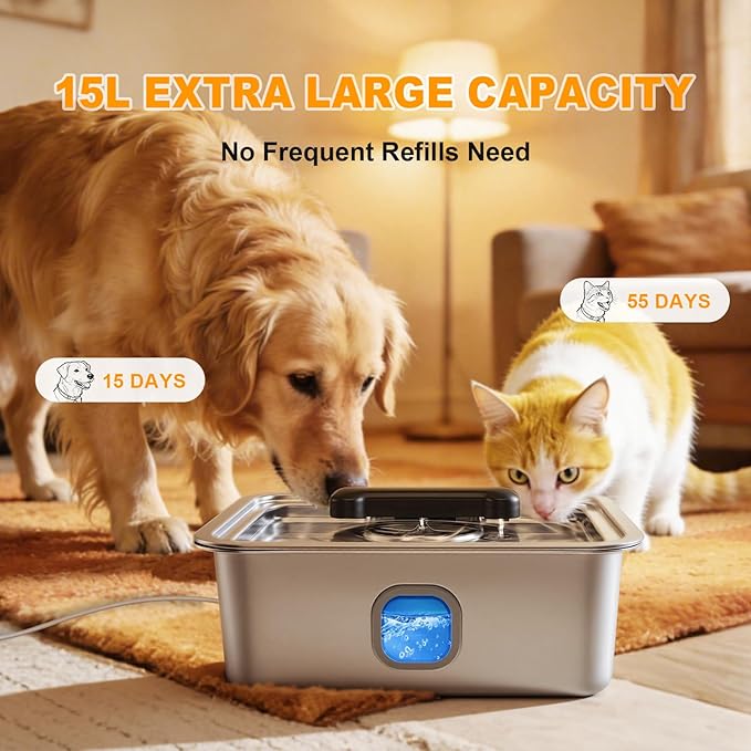 Large Water Fountain for Dog Cat, 4Gallon Stainless Steel Pet Drinking Dispenser Automatic Fresh Flow Bowl Inside with Filter, 15L Extra Huge Refillable Water Dispenser Indoor