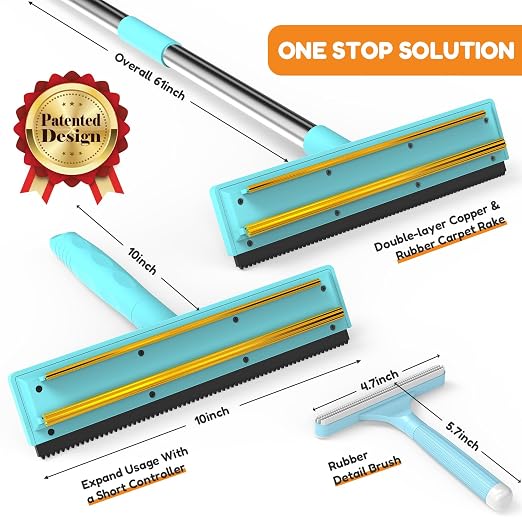 3 In 1 Carpet Rake for Pet Hair Removal Tool with Long & Short Handle and Rubber Detail Brush, Carpet Brush for Pet Hair, Deep Cleaning Pet Hair Removal Broom for Carpets Couches Rug Furniture