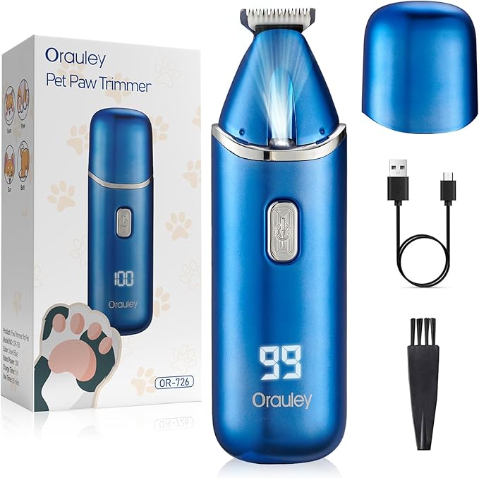Dog Paw Trimmer, Low-Noise Dog Clippers for Grooming, 20mm-Blade Electric Pet Hair Trimmer with LED Light, Protective Cap, Rechargeable Pet Paw Grooming Clippers for Paws, Ears, Face, Jewel Blue