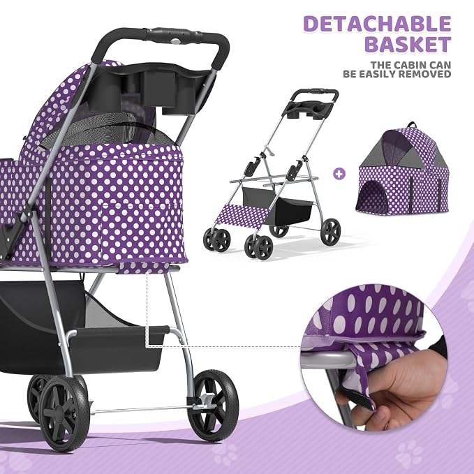 Magshion Foldable Pet Stroller, 3-in-1 Dog Travel Jogger with Detachable Carrier, Cup Holder, Storage Basket, Folding Carrier for Small/Medium Dogs & Cats Up to 33 lbs, Purple Polka Dots