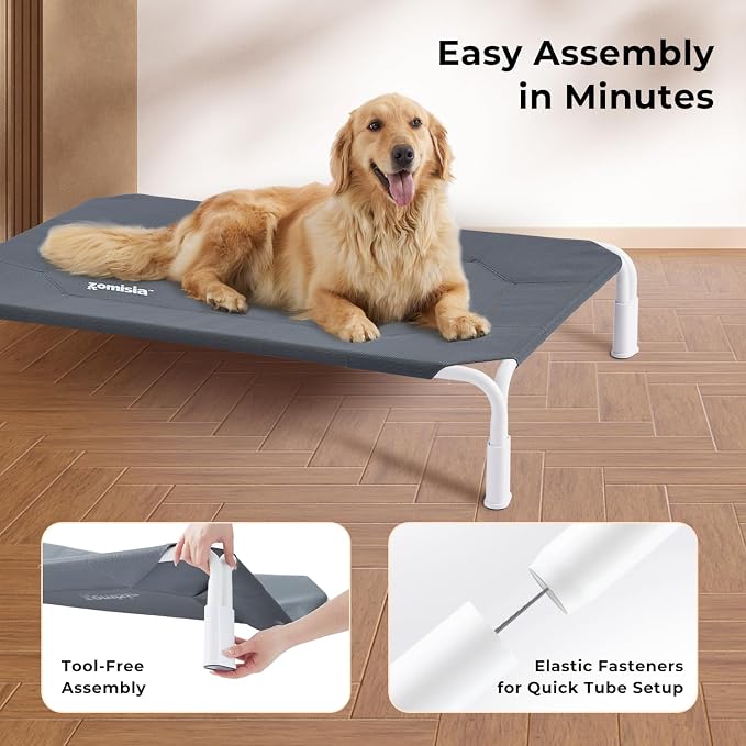 ZOMISIA Raised Dog Bed Tool-Free Assembly for Medium Dogs, Dog Cot Non Slip | Outdoor Elevated Dog Cot with Waterproof Teslin Mesh, Cooling Portable Cot Pet Hammock for Camping, For Pets up to 60 lbs