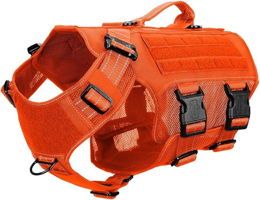 ICEFANG Tactical Mesh Dog Harness X-Large Dogs,Reflective Dog Molle Vest | Summer-Cooling, Control Handle,Adjustable,Front Hook,3 Leash Clips,Soft Padded,No Pull,Orange,X-Large