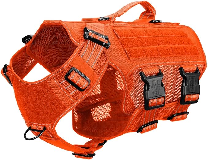 ICEFANG Tactical Mesh Dog Harness for Medium Dogs,Reflective Dog Molle Vest | Summer-Cooling, Control Handle,Adjustable,Front Hook,3 Leash Clips,Soft Padded,No Pull,Orange,Medium