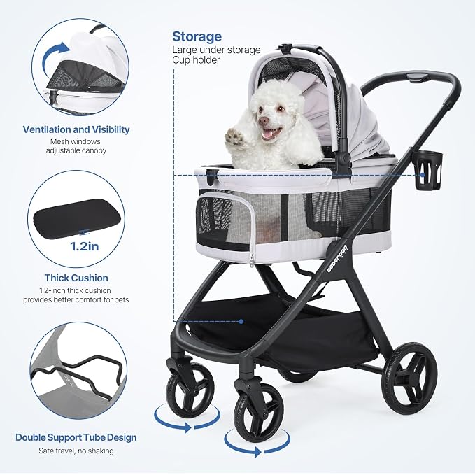 X-5 Pet Stroller for Medium Pets Up to 55 lbs, Net Gray | Full View, Adjustable Handle, Detachable Carrier, Convertible Car Seat, One-Touch Fold, All-Terrain Wheels, 3-in-1 Design