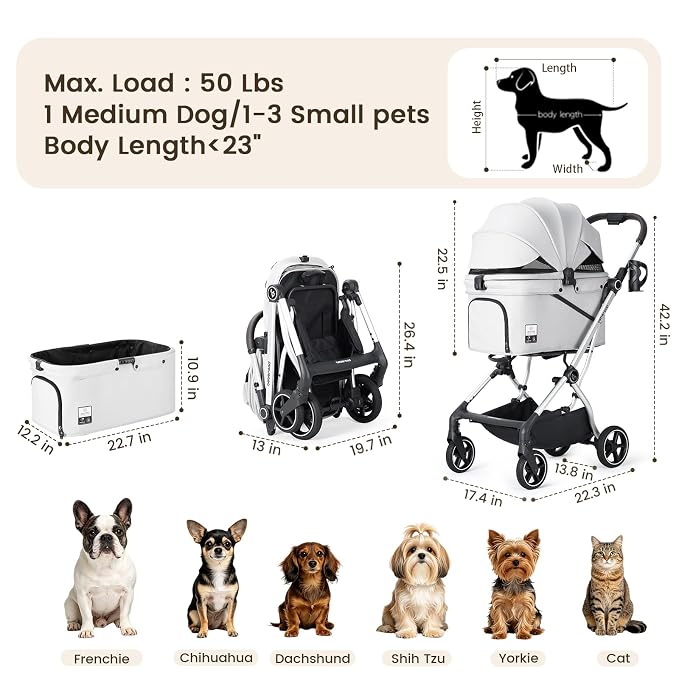 T4 Max Pet Stroller for Small Medium Dogs Cats, 4 Wheels Travel Folding Carrier Waterproof Puppy Stroller with Pad, Canopy and Cup Holder, Gray