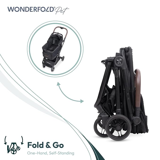 WonderFold Bella Pet Stroller - Autofold Design with Lightweight Aluminum Frame, Breathable Carriage Fabrics and Canopy, Safety Tethers & Easy-Clean Interior - Graphite Black