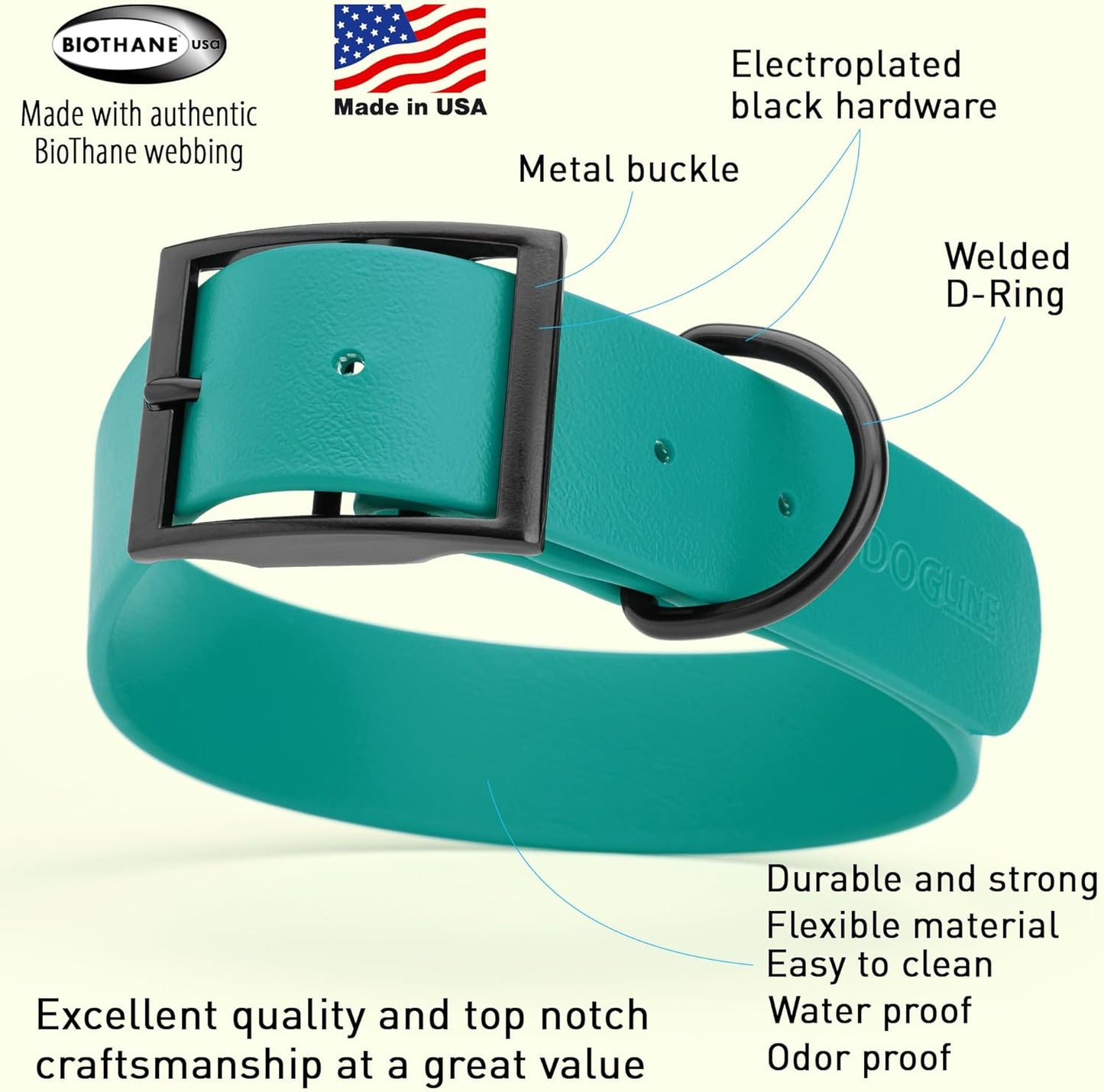 Dogline Biothane Waterproof Dog Collar Strong Coated Nylon Webbing with Black Hardware Odor- Proof for Easy Care Easy to Clean High Performance Fits Small Medium or Large Dogs, Blue Aqua