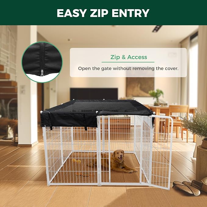 FXW Homeplus Indoor Dog Playpen with Mesh Top Cover, 40" H, 8 Panels | Calm Indoor Play Area, Cover Helps Deter Jump-Outs, for Medium & Large Dogs, Patented
