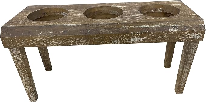| 3 Bowl Dog Feeder - Aluminum Bowls - Washed Oak Finish - Raised Dog Feeder - 16 inch Tall - Brown