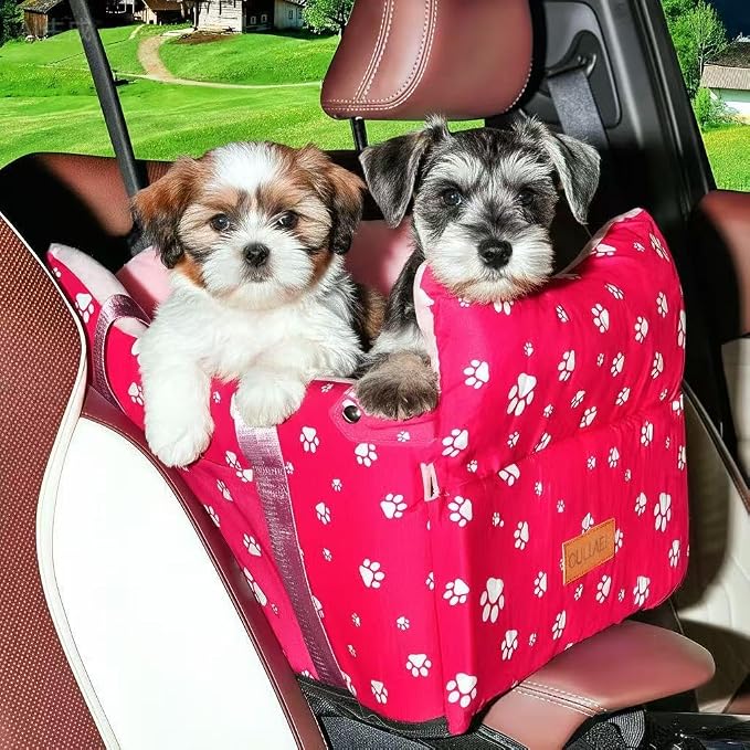 Center Console Dog Car Seat for Small Medium Dogs Up to 21 Lbs | Memory Foam Booster With Safety Leash, Washable Cover, Rose Red