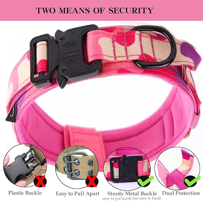 Tactical Dog Collar for Large Dogs with Control Handle,Pink Camo,XL | 1000D Heavy-Duty Nylon Fabric,Quick-Release Metal Buckle,Adjustable Fit,Soft-Padded Webbing,D-Ring,for Training & Hiking