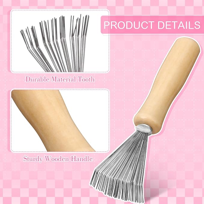 Boao 2 Pack Hair Brush Cleaning Tool,2-in-1 Comb Rake and Brush Cleaner for Removing Hair,Dust and Buildup,Mini Hairbrush Accessory for Home&salon(Pink, Wood Color,Polished Wooden Handle Rake)