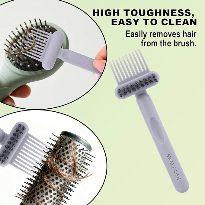2-in-1 Comb Cleaner with Pick and Bristles, Portable Hair Brush Cleaner Tool Hairbrush Cleaning with Ergonomic Handle for Home Salon Travel Use Hairstylist Essentials (Gray)