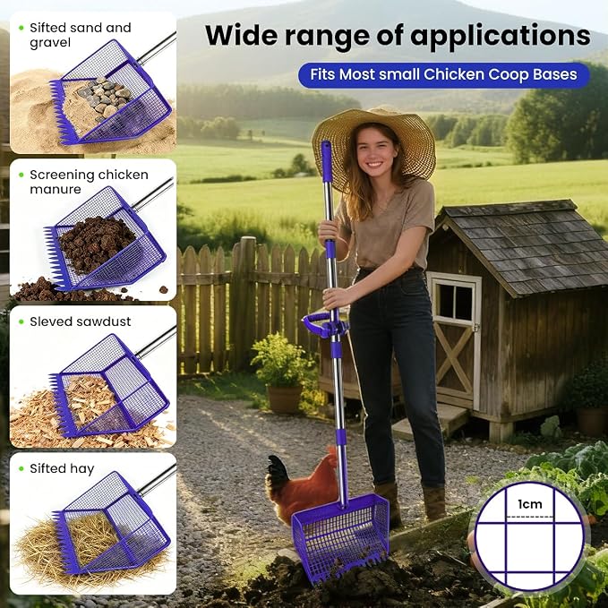 2026 Latest 12inch 2-in-1 Chicken Poop Scooper & Rake with Handle, Heavy-Duty Metal Chicken Coop Scoop for Sand Sifting Shovel Litter Scooper for Farm House Chicken Coop Cleaning Tools Accessories