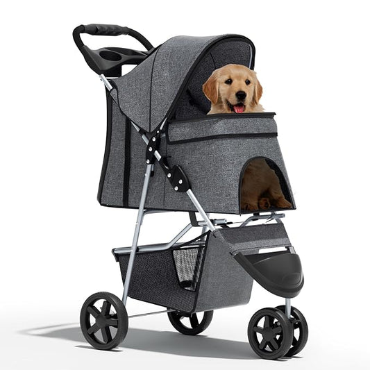 Pet Stroller for Small Dogs 10 lbs, Dog Stroller for Medium Dogs 30 lbs, Cat Strollers for 2 Cats, 3 Wheels Foldable Jogger Puppy Stroller with Storage Basket and Cup Holder, Grey