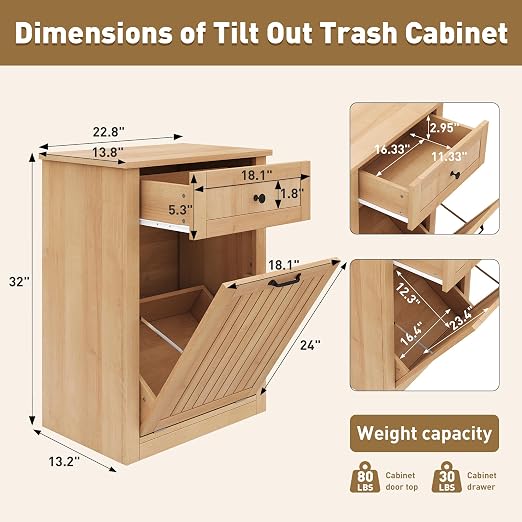 10 Gallon Tilt Out Trash Can Cabinet with Drawer, Hidden Trash Can, Wood | Cabinet with Drawers for Kitchen, Bathroom and Laundry Room