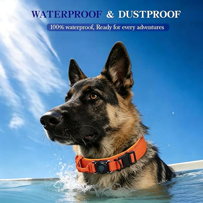 AirTag Dog Collar for Large Dogs Tactical Dog Collar with AirTag Holder | Upgrade Waterproof,Control Handle,Quick-Release Metal Buckle,1000D Nylon Fabric,Soft-Padded Webbing,Velcro Patch(Orange,M)