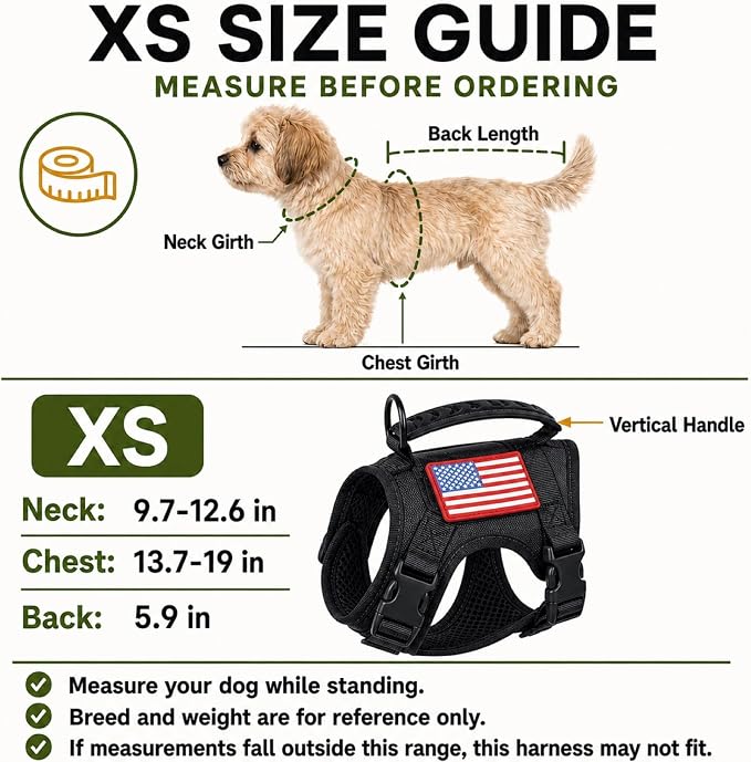 Tactical Service Dog Harness Vest,K9 Adjustable Military Working Harness Water-Resistant Comfortable Training MOLLE Dog Vest with Handle, with 2 Patches (XS, Black)