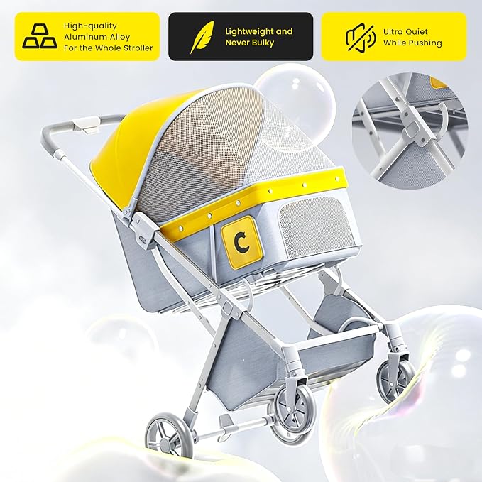 Dog Strollers for Small Medium Dogs 50 lbs,4 Wheels All-Terrain Cat Stroller,One-Click Folding Pet Stroller,Breathable Mesh,Storage Basket(Yellow)