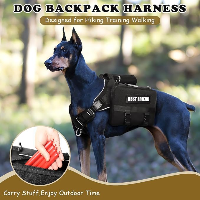 Dog Backpack Harness and Leash Set for Large Dogs Black L | Removable Side Pockets Dog Vest with Padded Handle&MOLLE,No Pull Front&Back Metal Clips for Hiking Training Walking Hunting