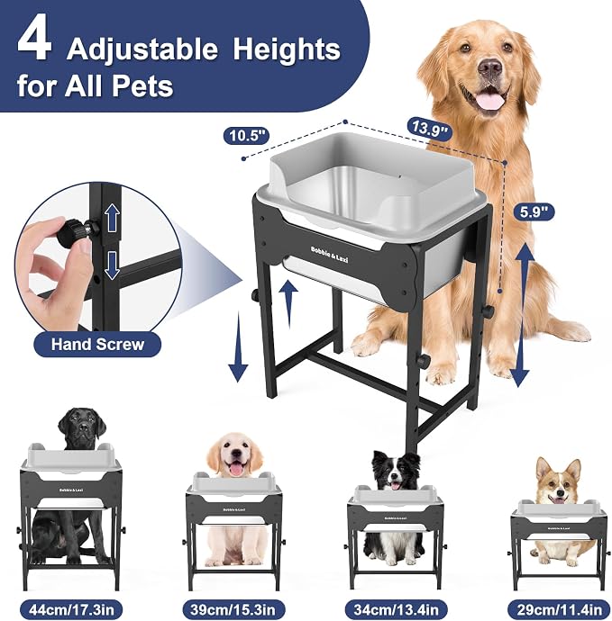 Bobbie & Laxi Adjustable Elevated Dog Bowl, 2.5 Gal Splash Guard, 4 Heights | 4 Adjustable Heights, Built-In Splash Guard; Non-Slip Stainless Steel for Large & Medium Dogs