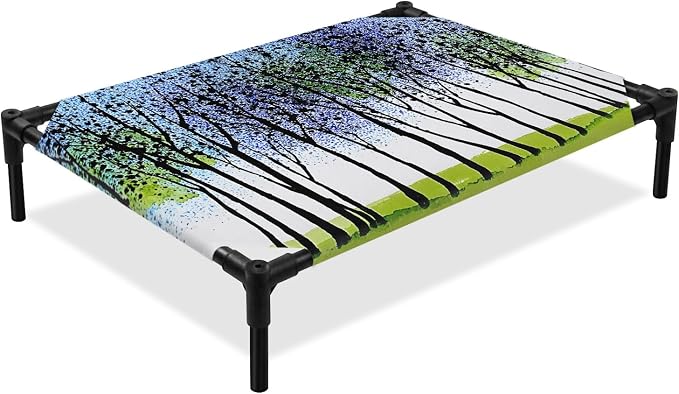 Outdoor Elevated Dog Bed for Medium Dogs, Blue Green Forest Breathable Cooling Raised Dog Cot for Indoor/Outdoor, Modern Nature Tree Branch Landscape Waterproof Elevated Pet Beds, M 24 x 20 in