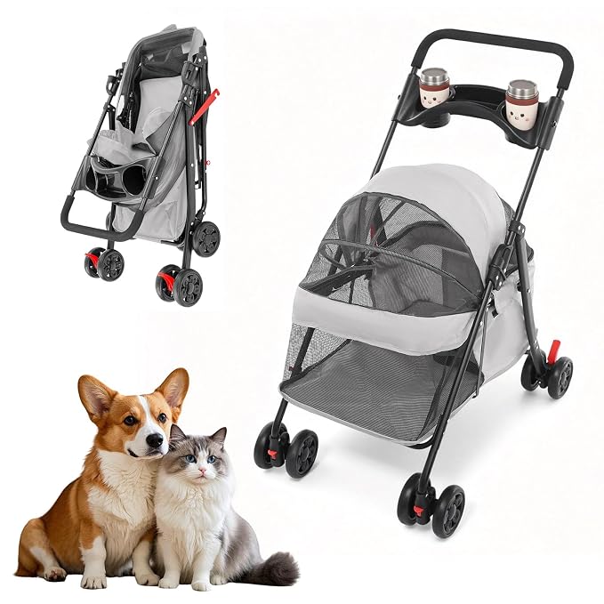 Pet Stroller for Small Medium Dogs Cats, Lightweight Foldable Pet Wagon with 360° Front Wheels & Brake, 40 lbs Capacity Carrier for Park Travel Shopping, Breathable Mesh Basket (Light Gray)