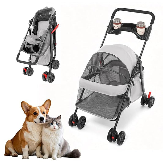 Pet Stroller for Small Medium Dogs Cats, Lightweight Foldable Pet Wagon with 360° Front Wheels & Brake, 40 lbs Capacity Carrier for Park Travel Shopping, Breathable Mesh Basket (Light Gray)