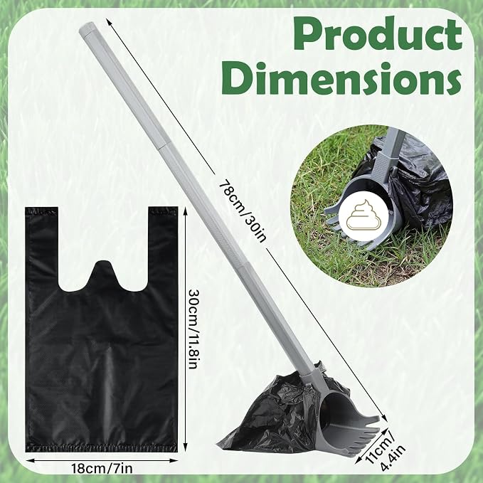 Dog Pooper Scooper with Bag Attachment 30" Pole Small to Large Dogs Heavy Duty Pooper Scooper with 50 Refill Bags Handle Long for Yard Waste Cleanup on Yard Grass One Hand Use