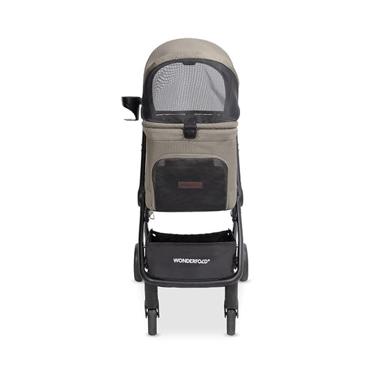 WonderFold Bella Pet Stroller - Autofold Design with Lightweight Aluminum Frame, Breathable Carriage Fabrics and Canopy, Safety Tethers & Easy-Clean Interior - Dune