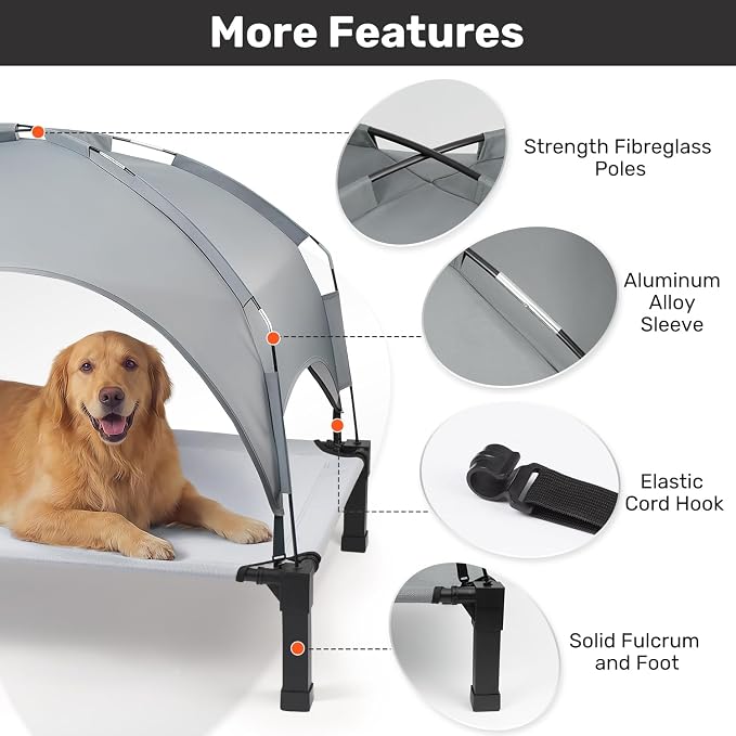Elevated Dog Bed with Removable Canopy, Sun Protection Shade Tent Dog Cot | Portable Outdoor Dog Bed, Raised Pet Cooling Cot Bed for Dogs, 51in