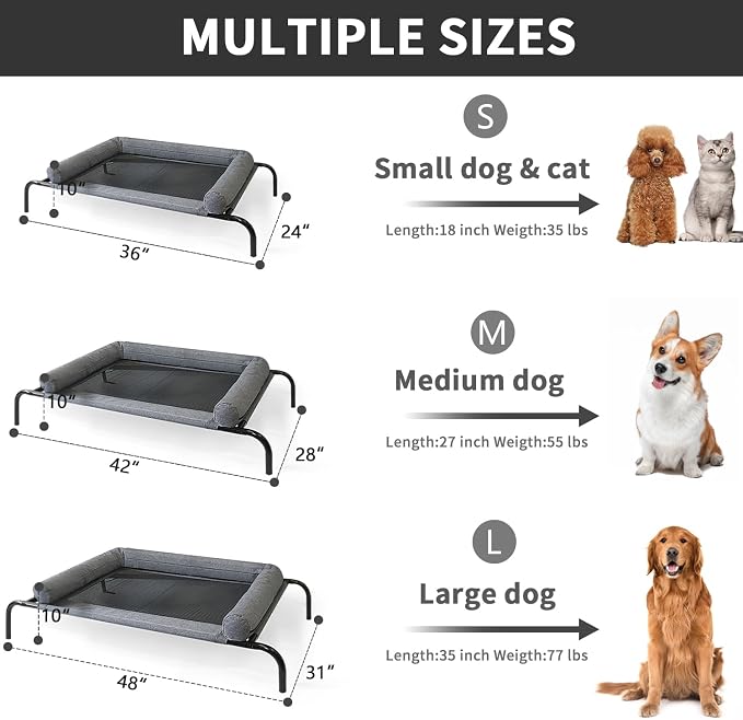 PETIME Cooling Elevated Pet Cushion Bed Raised Dog Cot for Small Dogs, Portable Indoor & Outdoor Pet Hammock, Frame with Breathable Mesh and Removable Bolsters (48 Inch)