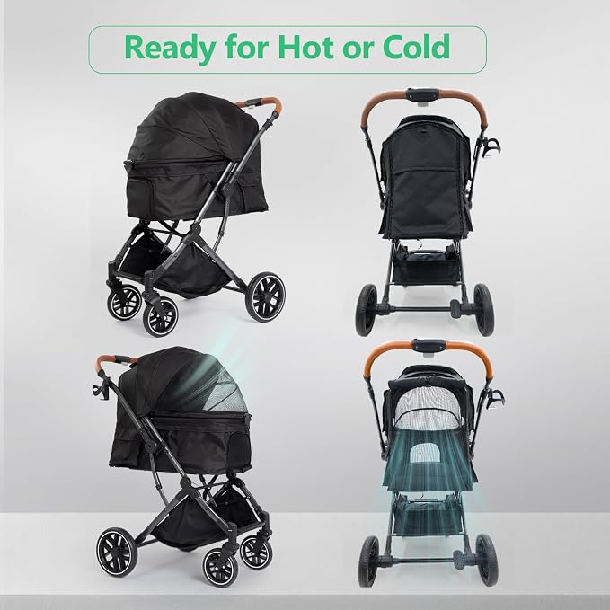 Pet Stroller for Small/Medium Dogs & Cats Up to 50 lbs, 4-Wheel One-Click Foldable Pet Stroller with Reversible Handle, Removable Pad, Cup Holder and Storage Basket (Black)