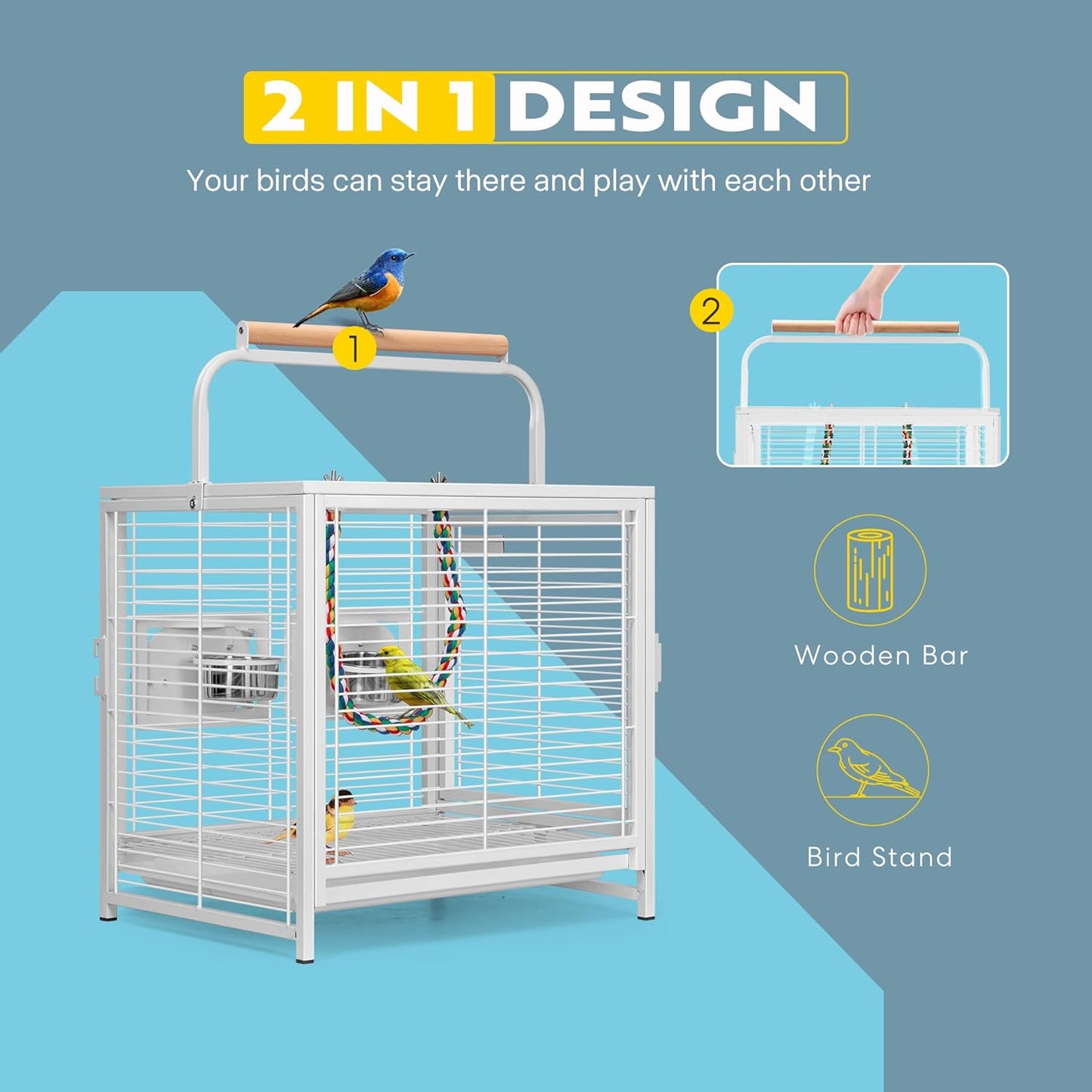 VIVOHOME 19 Inch Wrought Iron Bird Travel Carrier Cage for Parrots Conures Lovebird Cockatiel Parakeets White