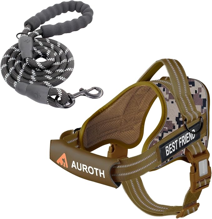 AUROTH Dog Harness and Leash Set for Large Sized Dog, No Pull Dog Vest | with Leash Clips, LED light clip, Soft Padded No Choke, Escape Proof, Easy Walking and Training, Desert Camo, XL
