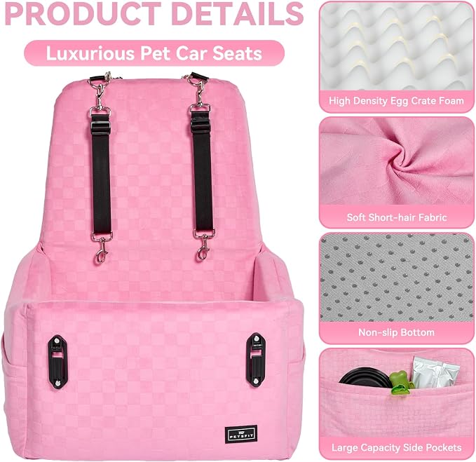 PETSFIT Cat Car Seat with Patented Safety System, 5" Elevated Pad, Pink | Fully Detachable Washable Cover, Memory Foam Dog Booster Seat for Small/Medium Dogs Up to 35 Lbs with 2 Storage Pockets