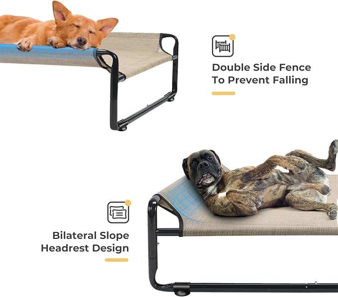 Veehoo Outdoor Elevated Dog Bed, Cooling Raised Dog Beds for Large Dogs | Washable Dog Cot with Headrest Sides, Non-Skid Feet, Breathable Mesh, Cooling Pet Hammock for Indoor or Camping, 47", Beige