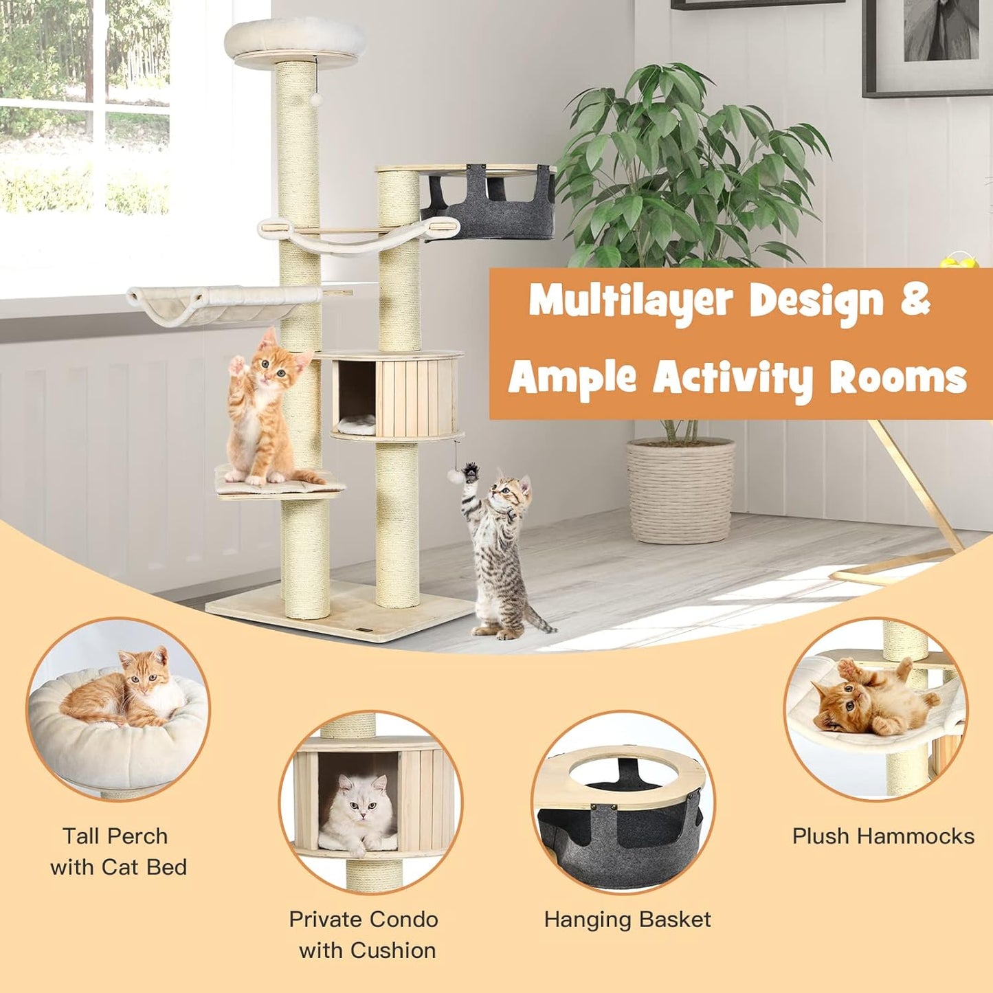 PETSITE 77.5" Tall Cat Tree, Multi-Level Modern Cat Tower with Sisal Scratching Posts, Top Perch, Cat Condo, Hammocks, Hanging Basket, and Jingling Balls, Cat Tree Tower for Indoor Cats Large Adult