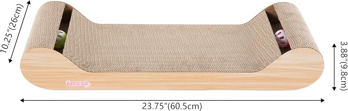 Rini 23.75" Modern Corrugated Cardboard Lounge Bed with Built-in Bell Toys and Catnip, Ergonomic Curved Sofa Scratcher for Indoor Cats, Oak Wood Finish, (Set of 2) CSR1003C-SET2
