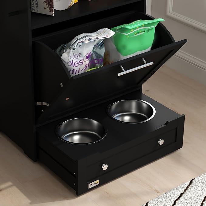 PawHut Dog Feeding Station with Raised Bowls, Pet Feeder Station, Black | Dog Food Storage Cabinet, Hanger for Feeding & Watering Supplies