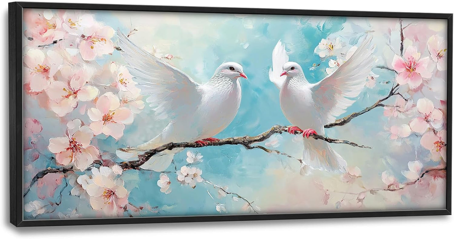 Large White Dove Flower Wall Art for Living Room, Framed Oversized Pigeon Cherry Blossom Wall Decor Nature Canvas Painting Modern Artwork for Living Room Bathroom Bedroom Office Dining Room 60"x30"