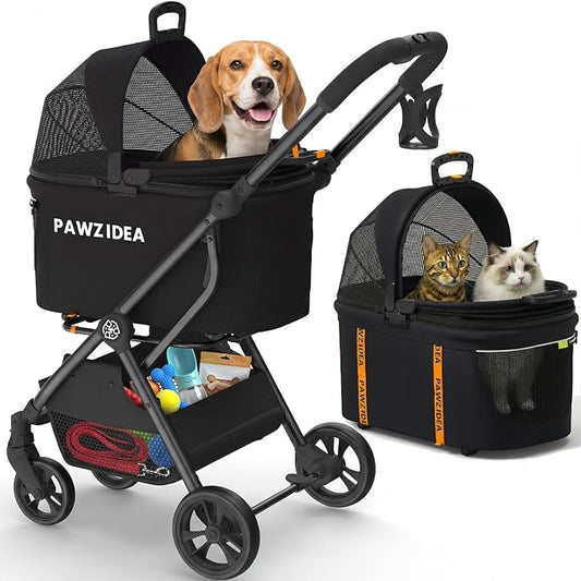 PAWZIDEA 4-in-1 Pet Stroller for Small Medium Dogs & Cats, Foldable Dog Stroller with Detachable Carrier, Escape-Proof No-Zip Canopy, Lightweight Portable Travel Crate & Car Seat Combo, Storage Basket