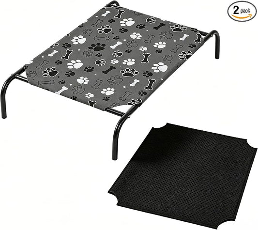QOOMO Elevated Dog Bed with Cooling Fabric, Pet Cot for Small and Big Dogs, Indoor and Outdoor Use, Joint Relief, Cute Printed Cushion Included (Black Paw Prints, 47.24" L*31.89" W*9.45" Th)