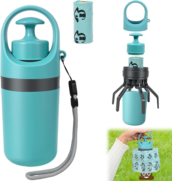 STHF Easy one-Hand Dog Waste Pickup. Portable Claw Tool Includes Bag Dispenser, 2 Rolls, Odor-Resistant. for All Surfaces & Dogs.