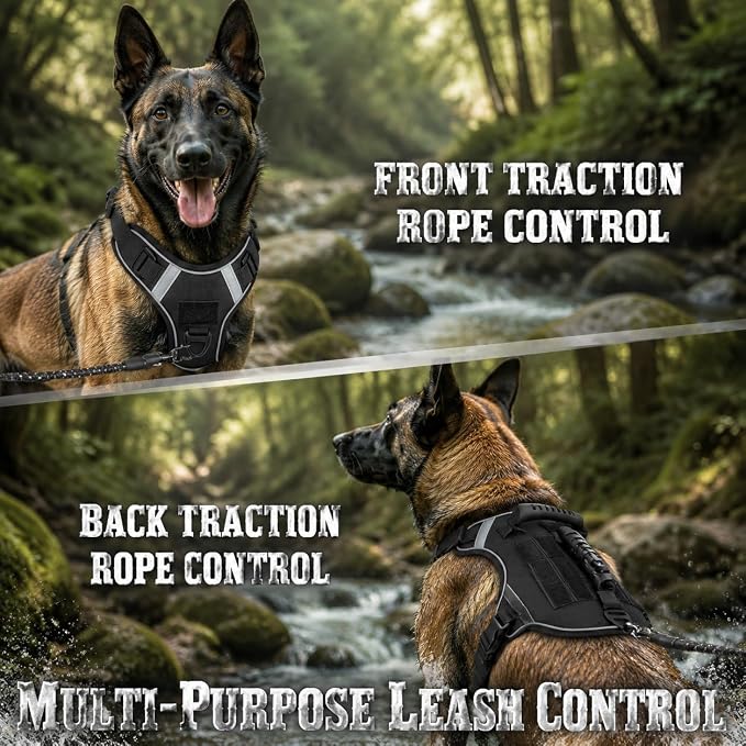 Tactical Dog Harness with Handles and Loop Panel,No Pull Tactical Dog Vest with Molle System, Adjustable Reflective Pet Vest for Walking Hiking Training Black L