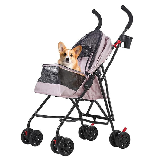 Pet Stroller Oxford Cloth Foldable Dog Strollers for Small Dogs and Cats Suitable for All Road Surfaces Wide-View Panoramic Window 4 Wheels with Brakes Portable Design, Easy to Store (Pink)