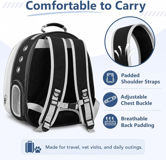 Expandable Cat Carrier Backpack for Cats and Dogs, Bubble Window Pet Travel Backpack with Breathable Mesh, Anti-Collapse Structure, Side Door, Safety Leash, for Vet Visits, Hiking, Outdoor, Black