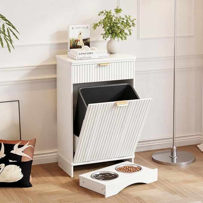 Tilt Out Trash Can Cabinet with Dog Bowl, 10 Gallons Dog Feeding Station with Storage Cabinet, Pet Feeder Cabinet with Hideaway Drawer for Kitchen, Living Room (Tilt-Out Dog Feeding Station-White)
