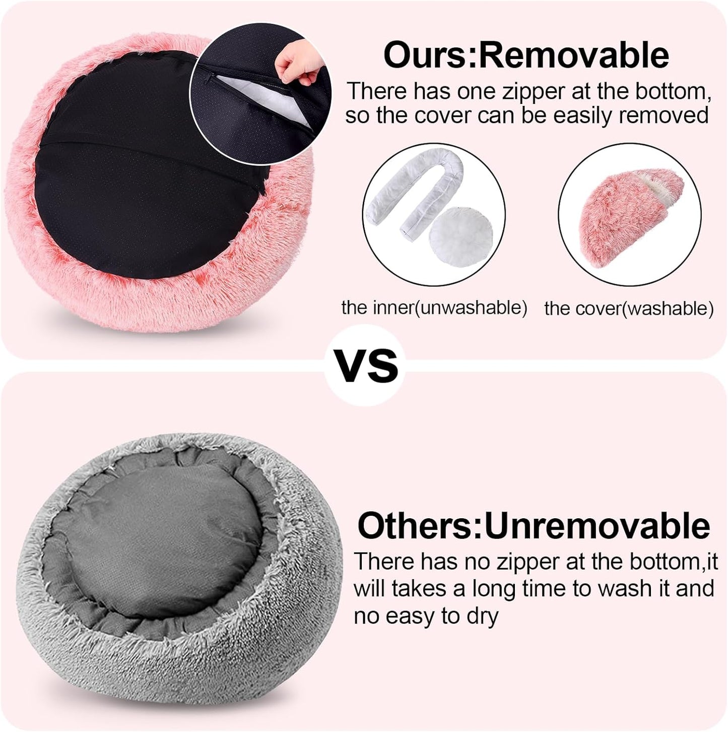 Calming Bean Mush Beds & Cat Cave with Hooded Cover, Removable Washable Round Beds for Small and Medium Pets, Anti-Slip Faux Fur, Fits Up to 15/25 lbs